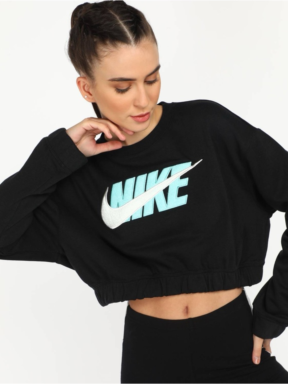 Nike Oversized Icon Clash Fleece Crop Sweatshirt Black / Blue - Size XS
